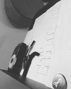 picture of a metronome, capo and a guitar pick. Background of music