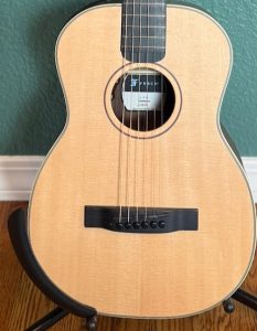 Close up front view of the Able Armrest for my Furch Little Jane Guitar.
